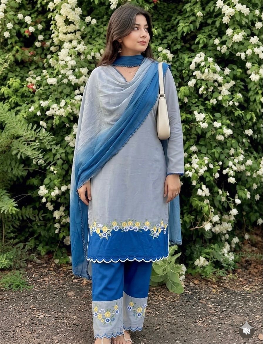 SKY BLUE CONTRAST EMBROIDERED
