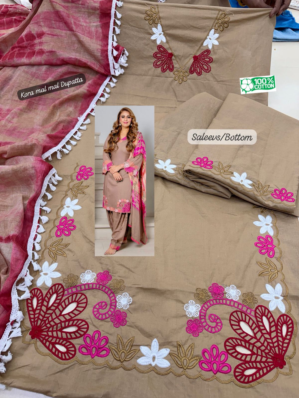 brown with pink embroidery