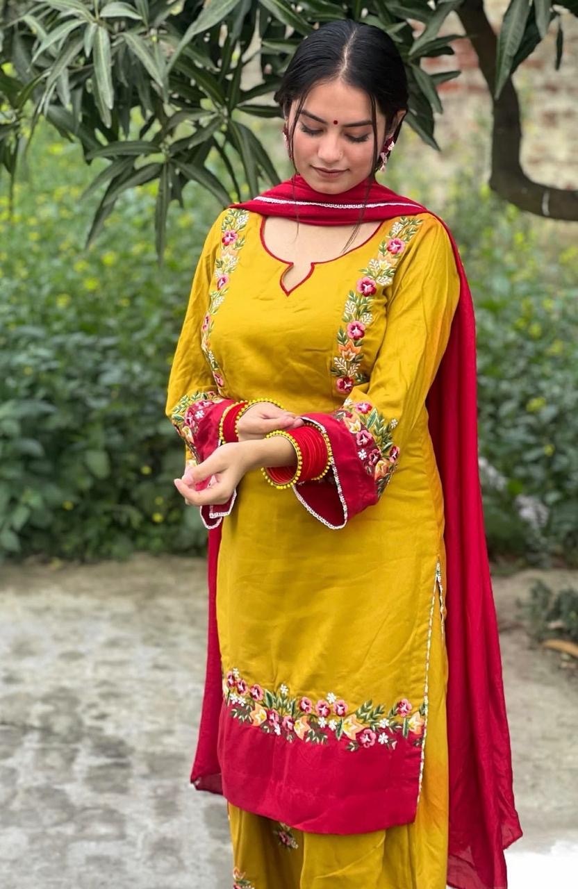 Yellow red embroidered