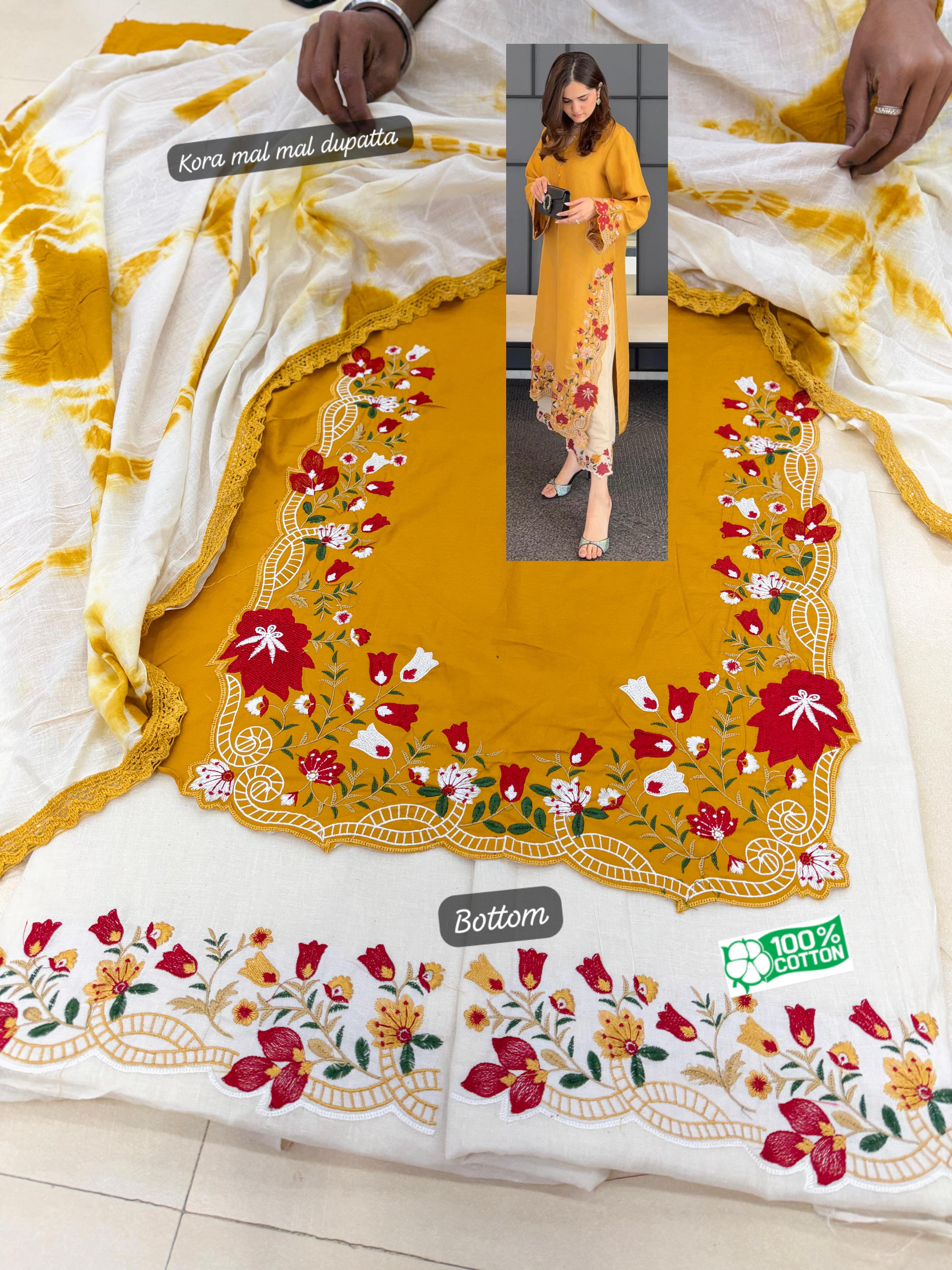 Mustard white embroidery